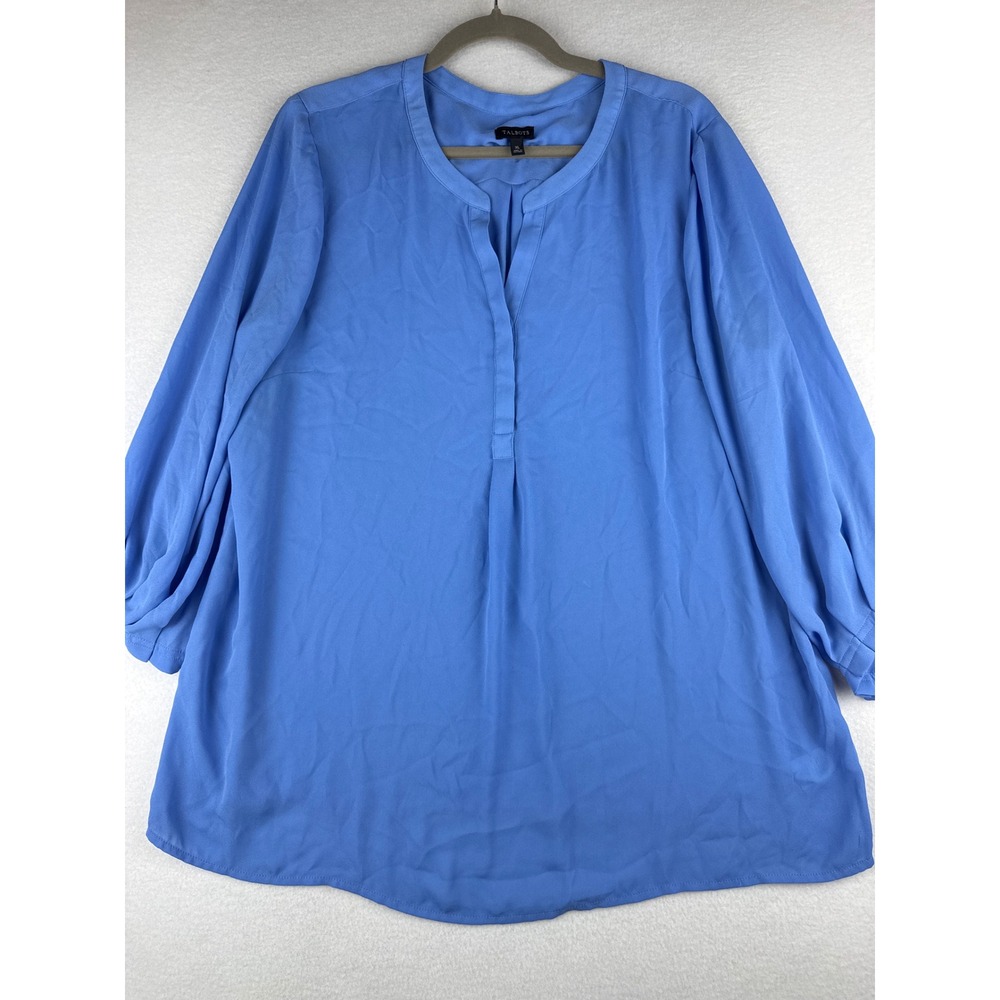 Talbots Womens XL Blue Split Neck Long Sleeve Pleat Front Blouse Tunic VN5352